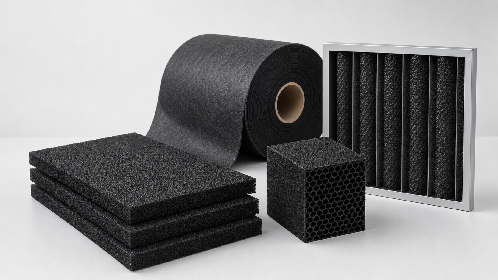 Activated carbon foam, carbon nonwoven roll and carbon air filter products
