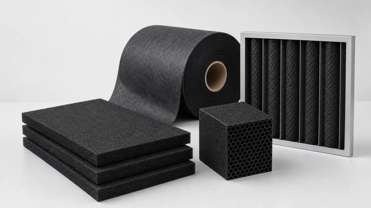Activated carbon filter media rolls, sheets and honeycomb filter components